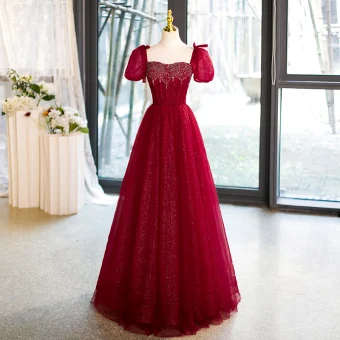 Elegant Burgundy Beading Pearl Glitter Prom Dresses 2023 A Line Princess Square Neckline Puffy Short Sleeve Backless Floor Length Long Formal Dresses