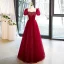 Elegant Burgundy Beading Pearl Glitter Prom Dresses 2023 A-Line / Princess Square Neckline Puffy Short Sleeve Backless Floor-Length / Long Formal Dresses