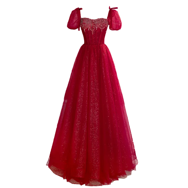 Elegant Burgundy Beading Pearl Glitter Prom Dresses 2023 A-Line / Princess Square Neckline Puffy Short Sleeve Backless Floor-Length / Long Formal Dresses