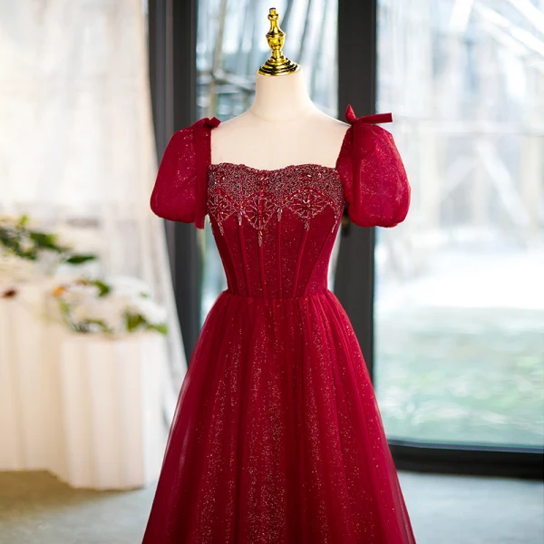 Elegant Burgundy Beading Pearl Glitter Prom Dresses 2023 A-Line / Princess Square Neckline Puffy Short Sleeve Backless Floor-Length / Long Formal Dresses