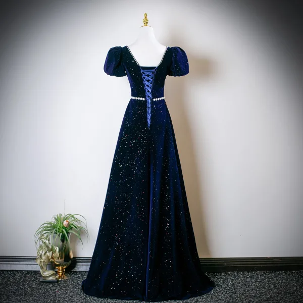 Vintage / Retro Navy Blue Pearl Rhinestone Sequins Prom Dresses 2025 A-Line / Princess Square Neckline Puffy Short Sleeve Backless Floor-Length / Long Formal Dresses