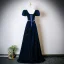 Vintage / Retro Navy Blue Pearl Rhinestone Sequins Prom Dresses 2025 A-Line / Princess Square Neckline Puffy Short Sleeve Backless Floor-Length / Long Formal Dresses