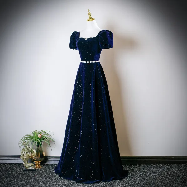 Vintage / Retro Navy Blue Pearl Rhinestone Sequins Prom Dresses 2025 A-Line / Princess Square Neckline Puffy Short Sleeve Backless Floor-Length / Long Formal Dresses