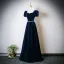 Vintage / Retro Navy Blue Pearl Rhinestone Sequins Prom Dresses 2025 A-Line / Princess Square Neckline Puffy Short Sleeve Backless Floor-Length / Long Formal Dresses