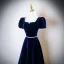 Vintage / Retro Navy Blue Pearl Rhinestone Sequins Prom Dresses 2025 A-Line / Princess Square Neckline Puffy Short Sleeve Backless Floor-Length / Long Formal Dresses