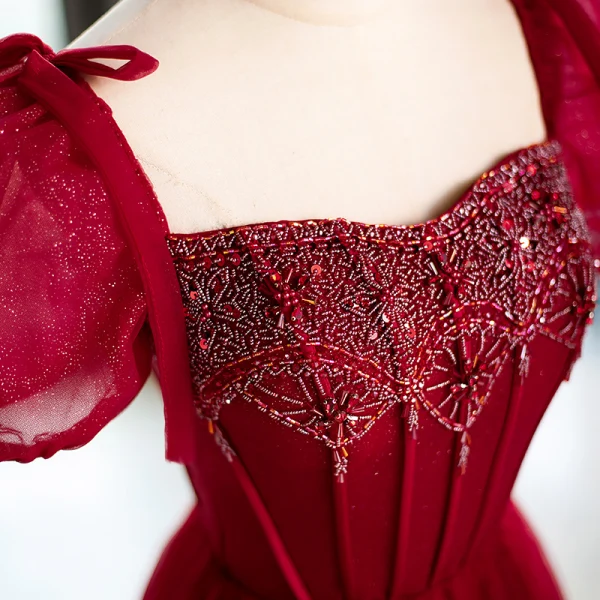 Elegant Burgundy Beading Pearl Glitter Prom Dresses 2023 A-Line / Princess Square Neckline Puffy Short Sleeve Backless Floor-Length / Long Formal Dresses