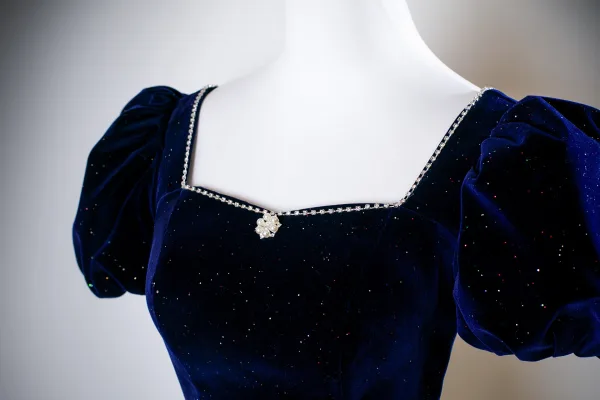 Vintage / Retro Navy Blue Pearl Rhinestone Sequins Prom Dresses 2025 A-Line / Princess Square Neckline Puffy Short Sleeve Backless Floor-Length / Long Formal Dresses