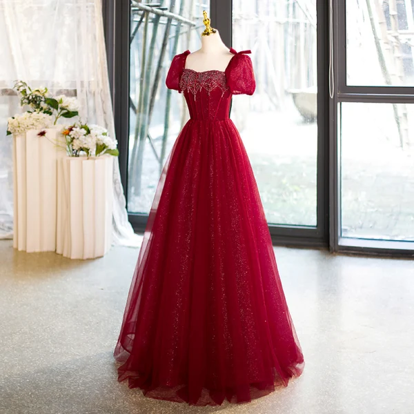 Elegant Burgundy Beading Pearl Glitter Prom Dresses 2023 A-Line / Princess Square Neckline Puffy Short Sleeve Backless Floor-Length / Long Formal Dresses