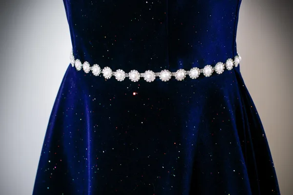Vintage / Retro Navy Blue Pearl Rhinestone Sequins Prom Dresses 2025 A-Line / Princess Square Neckline Puffy Short Sleeve Backless Floor-Length / Long Formal Dresses