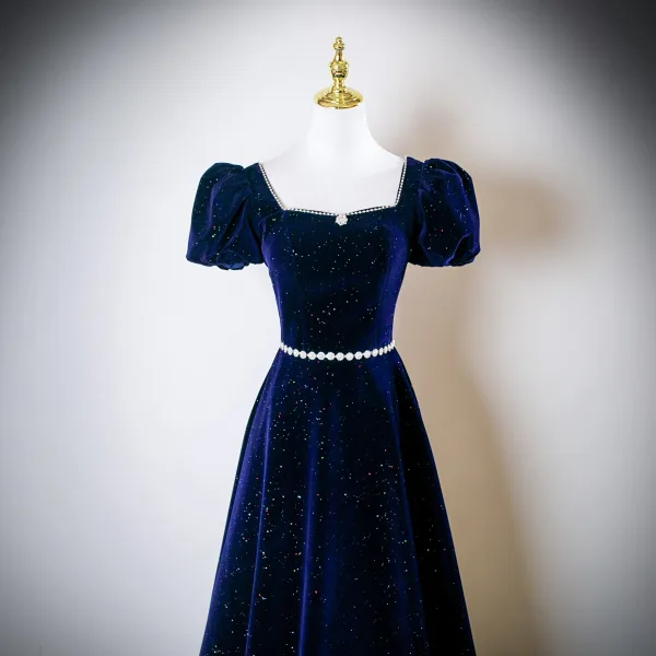 Vintage / Retro Navy Blue Pearl Rhinestone Sequins Prom Dresses 2025 A-Line / Princess Square Neckline Puffy Short Sleeve Backless Floor-Length / Long Formal Dresses