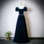 Vintage / Retro Navy Blue Pearl Rhinestone Sequins Prom Dresses 2025 A-Line / Princess Square Neckline Puffy Short Sleeve Backless Floor-Length / Long Formal Dresses