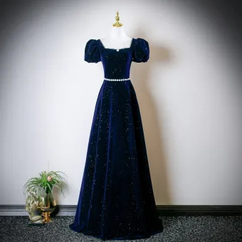 Vintage Marineblau Perle Strass Pailletten Ballkleider 2025 A Linie Eckiger Ausschnitt Geschwollenes Kurze Ärmel Rückenfreies Lange Festliche Kleider