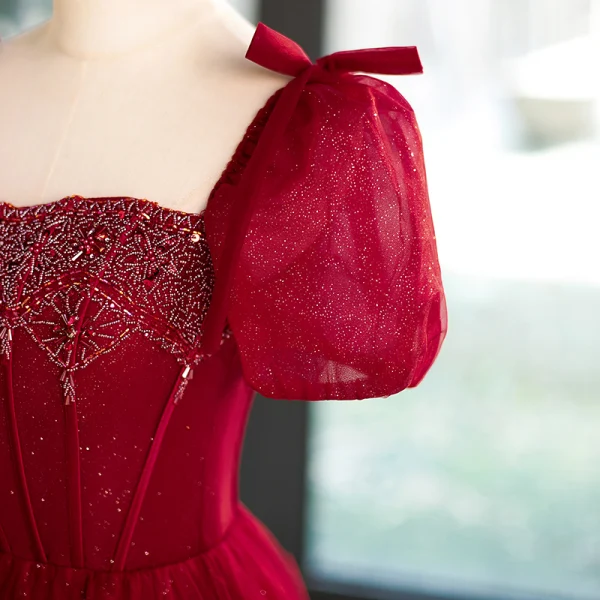 Elegant Burgundy Beading Pearl Glitter Prom Dresses 2023 A-Line / Princess Square Neckline Puffy Short Sleeve Backless Floor-Length / Long Formal Dresses