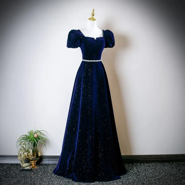 Vintage / Retro Navy Blue Pearl Rhinestone Sequins Prom Dresses 2025 A-Line / Princess Square Neckline Puffy Short Sleeve Backless Floor-Length / Long Formal Dresses