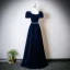 Vintage / Retro Navy Blue Pearl Rhinestone Sequins Prom Dresses 2025 A-Line / Princess Square Neckline Puffy Short Sleeve Backless Floor-Length / Long Formal Dresses