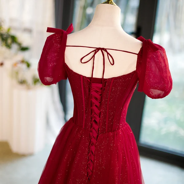 Elegant Burgundy Beading Pearl Glitter Prom Dresses 2023 A-Line / Princess Square Neckline Puffy Short Sleeve Backless Floor-Length / Long Formal Dresses