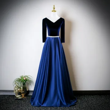 Vintage Originale Bleu Marine Perle Ceinture Robe De Bal 2025 V Cou Manches Longues Dos Nu Longue Robe De Ceremonie