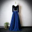 Vintage / Retro Navy Blue Pearl Sash Prom Dresses 2025 V-Neck Long Sleeve Backless Floor-Length / Long Formal Dresses