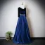 Vintage / Retro Navy Blue Pearl Sash Prom Dresses 2025 V-Neck Long Sleeve Backless Floor-Length / Long Formal Dresses