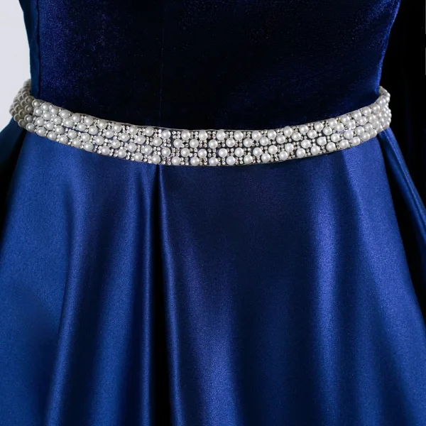 Vintage / Retro Navy Blue Pearl Sash Prom Dresses 2025 V-Neck Long Sleeve Backless Floor-Length / Long Formal Dresses