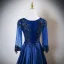 Vintage / Retro Navy Blue Beading Lace Flower Appliques Satin Prom Dresses 2025 A-Line / Princess Scoop Neck Long Sleeve Floor-Length / Long Formal Dresses