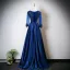 Vintage / Retro Navy Blue Beading Lace Flower Appliques Satin Prom Dresses 2025 A-Line / Princess Scoop Neck Long Sleeve Floor-Length / Long Formal Dresses