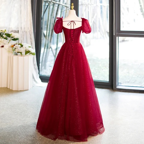 Elegant Burgundy Beading Pearl Glitter Prom Dresses 2023 A-Line / Princess Square Neckline Puffy Short Sleeve Backless Floor-Length / Long Formal Dresses