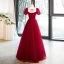 Elegant Burgundy Beading Pearl Glitter Prom Dresses 2023 A-Line / Princess Square Neckline Puffy Short Sleeve Backless Floor-Length / Long Formal Dresses