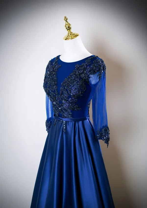 Vintage / Retro Navy Blue Beading Lace Flower Appliques Satin Prom Dresses 2025 A-Line / Princess Scoop Neck Long Sleeve Floor-Length / Long Formal Dresses
