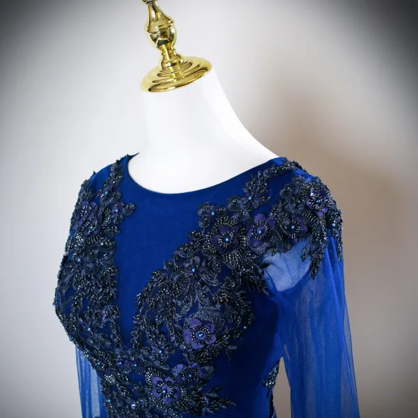 Vintage / Retro Navy Blue Beading Lace Flower Appliques Satin Prom Dresses 2025 A-Line / Princess Scoop Neck Long Sleeve Floor-Length / Long Formal Dresses