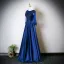 Vintage / Retro Navy Blue Beading Lace Flower Appliques Satin Prom Dresses 2025 A-Line / Princess Scoop Neck Long Sleeve Floor-Length / Long Formal Dresses