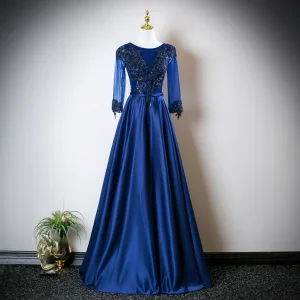 Vintage Originale Bleu Marine Perlage En Dentelle Fleur Appliques Satin Robe De Bal 2025 Princesse Encolure Dégagée Manches Longues Longue Robe De Ceremonie