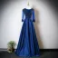 Vintage / Retro Navy Blue Beading Lace Flower Appliques Satin Prom Dresses 2025 A-Line / Princess Scoop Neck Long Sleeve Floor-Length / Long Formal Dresses