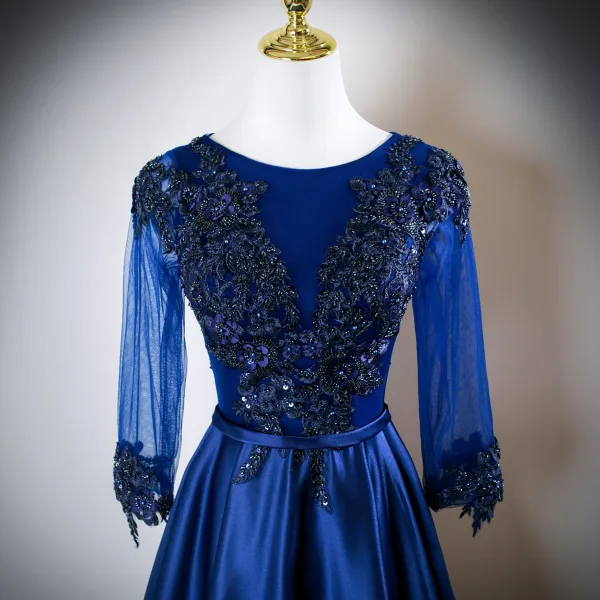 Vintage / Retro Navy Blue Beading Lace Flower Appliques Satin Prom Dresses 2025 A-Line / Princess Scoop Neck Long Sleeve Floor-Length / Long Formal Dresses