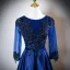 Vintage / Retro Navy Blue Beading Lace Flower Appliques Satin Prom Dresses 2025 A-Line / Princess Scoop Neck Long Sleeve Floor-Length / Long Formal Dresses