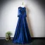 Vintage / Retro Navy Blue Beading Lace Flower Appliques Satin Prom Dresses 2025 A-Line / Princess Scoop Neck Long Sleeve Floor-Length / Long Formal Dresses