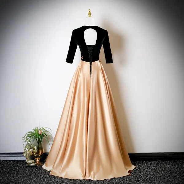 Elegant Gold Sequins Lace Flower Prom Dresses 2025 A-Line / Princess V-Neck 1/2 Sleeves Backless Floor-Length / Long Formal Dresses