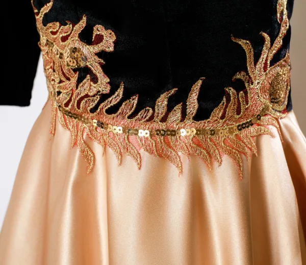 Elegant Gold Sequins Lace Flower Prom Dresses 2025 A-Line / Princess V-Neck 1/2 Sleeves Backless Floor-Length / Long Formal Dresses