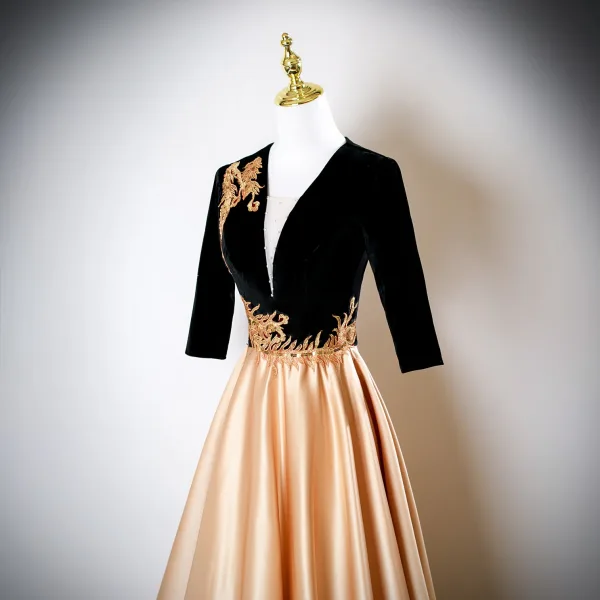 Elegant Gold Sequins Lace Flower Prom Dresses 2025 A-Line / Princess V-Neck 1/2 Sleeves Backless Floor-Length / Long Formal Dresses