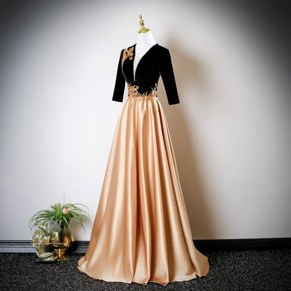 Elegant Gold Sequins Lace Flower Prom Dresses 2025 A-Line / Princess V-Neck 1/2 Sleeves Backless Floor-Length / Long Formal Dresses