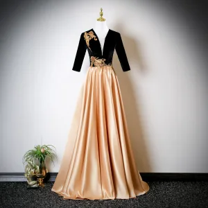 Élégant Doré Paillettes En Dentelle Fleur Robe De Bal 2025 Princesse V Cou 1 2 Manches Dos Nu Longue Robe De Ceremonie
