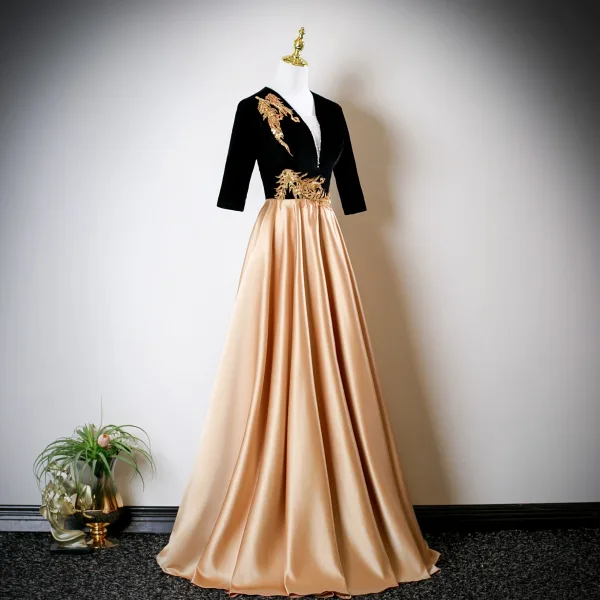 Elegant Gold Sequins Lace Flower Prom Dresses 2025 A-Line / Princess V-Neck 1/2 Sleeves Backless Floor-Length / Long Formal Dresses