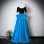 Vintage / Originale Océan Bleu Perle Faux Diamant Satin Robe De Bal 2025 Princesse Encolure Dégagée Manches Courtes Noeud Dos Nu Longue Robe De Ceremonie