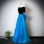 Vintage / Originale Océan Bleu Perle Faux Diamant Satin Robe De Bal 2025 Princesse Encolure Dégagée Manches Courtes Noeud Dos Nu Longue Robe De Ceremonie