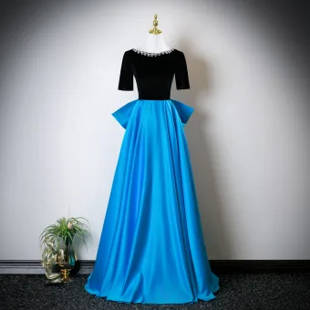 Vintage Oceaan Blauw Parel Rhinestone Satijn Galajurken 2025 A Lijn Ronde Hals Korte Mouwen Strik Ruglooze Lange Gelegenheid Jurken