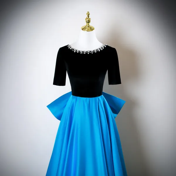 Vintage / Originale Océan Bleu Perle Faux Diamant Satin Robe De Bal 2025 Princesse Encolure Dégagée Manches Courtes Noeud Dos Nu Longue Robe De Ceremonie