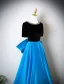 Vintage / Originale Océan Bleu Perle Faux Diamant Satin Robe De Bal 2025 Princesse Encolure Dégagée Manches Courtes Noeud Dos Nu Longue Robe De Ceremonie