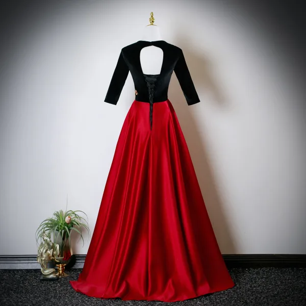Elegant Red Sequins Lace Flower Satin Prom Dresses 2025 A-Line / Princess V-Neck 1/2 Sleeves Backless Floor-Length / Long Formal Dresses