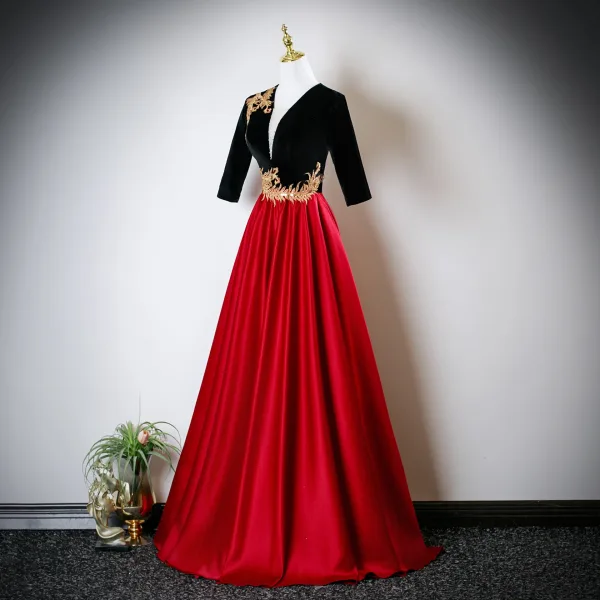 Elegant Red Sequins Lace Flower Satin Prom Dresses 2025 A-Line / Princess V-Neck 1/2 Sleeves Backless Floor-Length / Long Formal Dresses