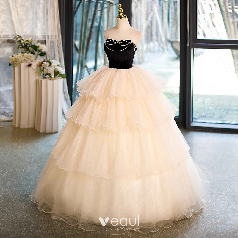 Charming Champagne Rhinestone Cascading Ruffles Prom Dresses 2023 Ball Gown Sleeveless Strapless Backless Floor-Length / Long Formal Dresses Charming Champagne Rhinestone Cascading Ruffles Prom Dresses 2023 Ball Gown Sleeveless Strapless Backless Floor-Length / Long Formal Dresses